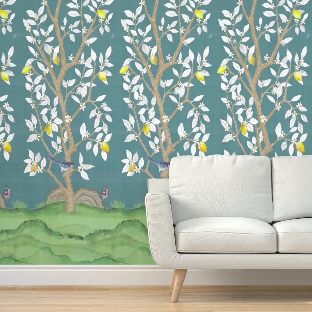 Citrus Grove Lemon Tree Peel and Stick Wallpaper - Teal Blue Green product