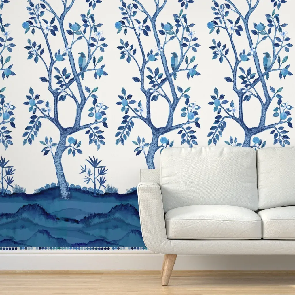 Citrus Grove Orange Tree Panel B Peel and Stick Wallpaper - Blue product
