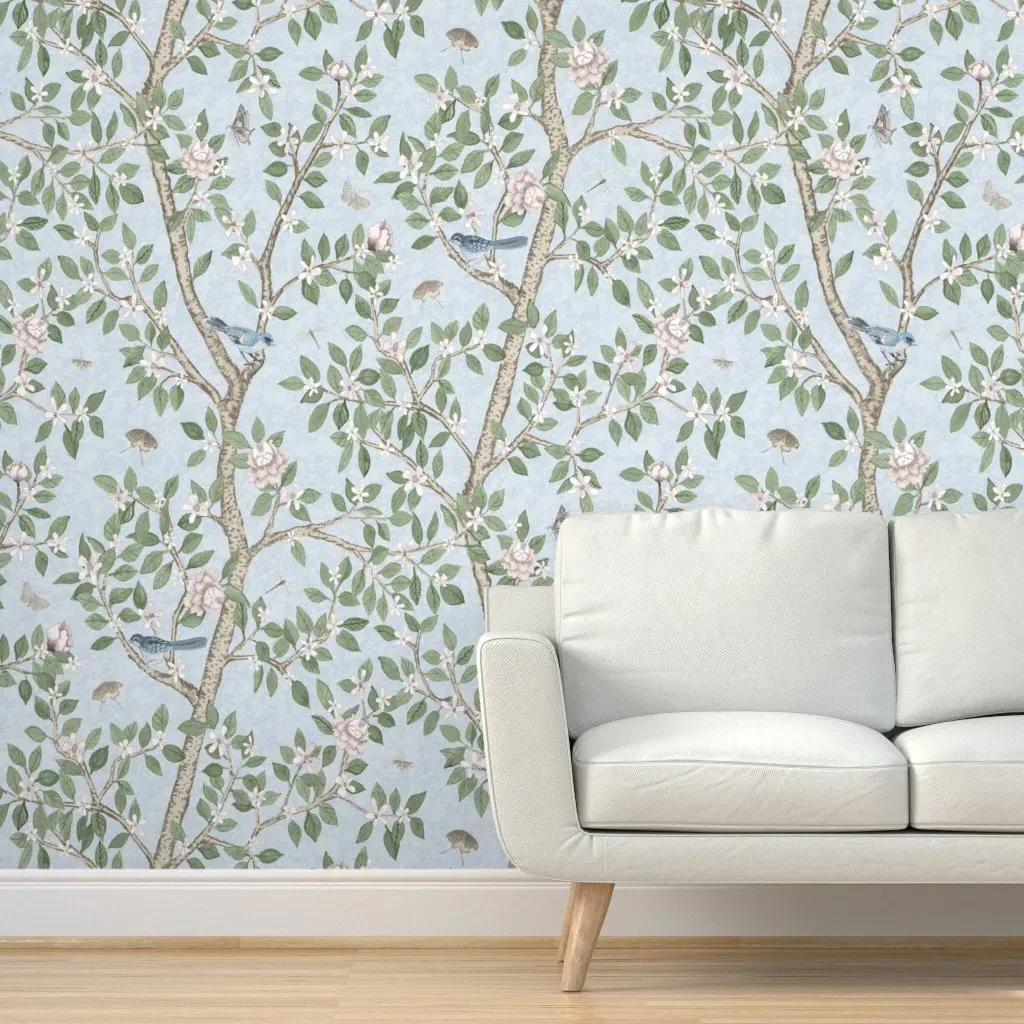 Citrus Grove With Peonies Peel and Stick Wallpaper - Light Blue product