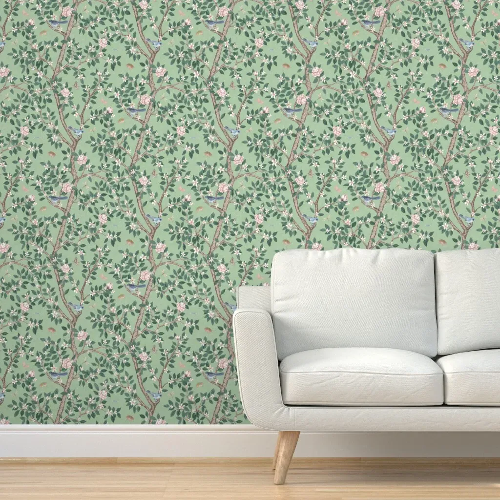 Citrus Grove With Peonies Peel and Stick Wallpaper - Pale Green product