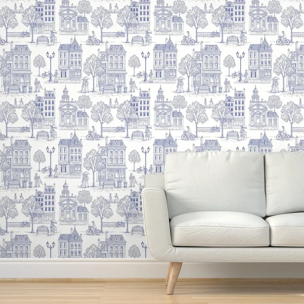 City Street Scene Vintage Buildings Peel and Stick Wallpaper - Blue, White product