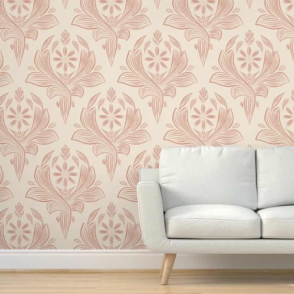 Classic Botanical Line Art Peel and Stick Wallpaper - Terracotta Red, Taupe product