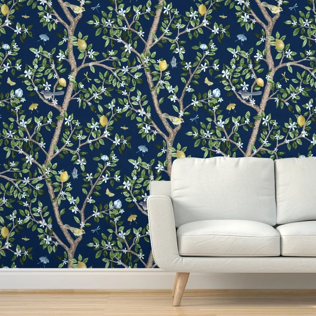 Climbing Citrus Grove with Peonies Peel and Stick Wallpaper - Dark Blue product