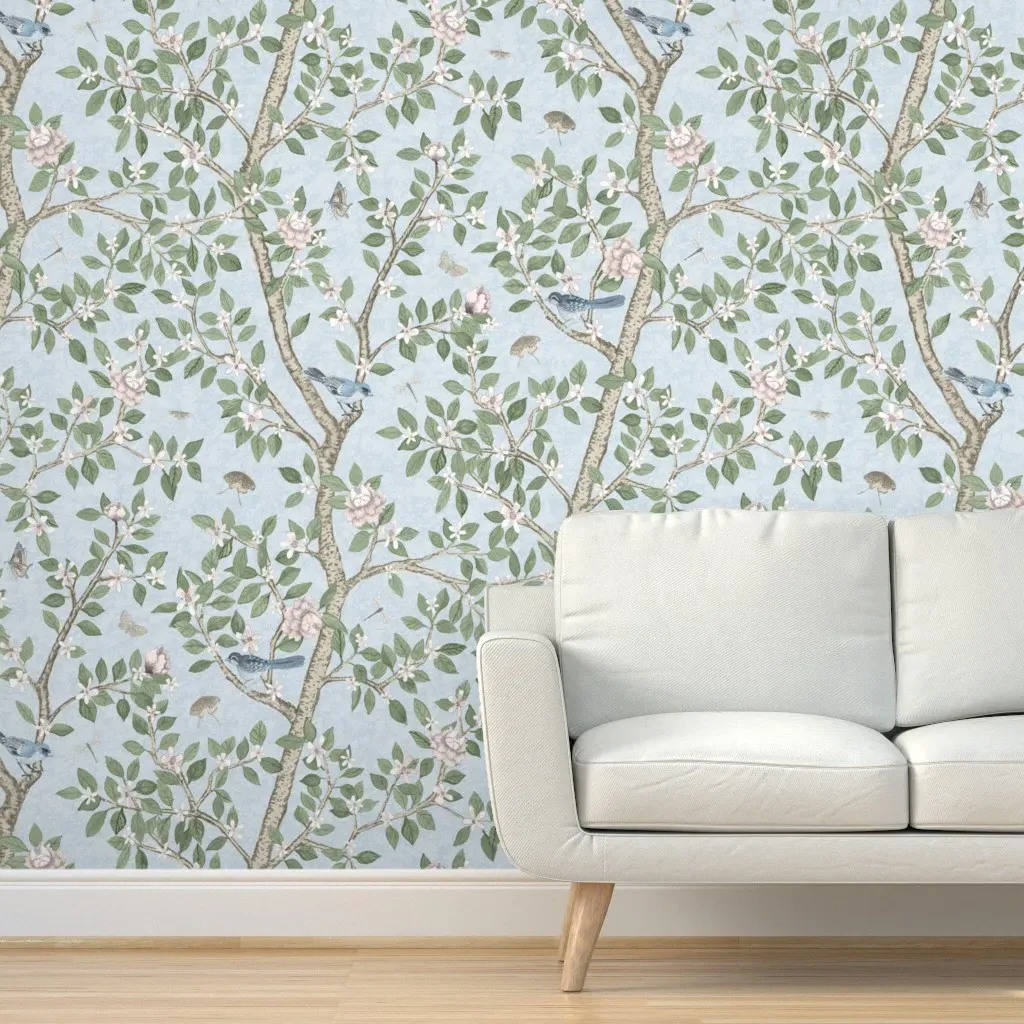 Climbing Citrus Grove With Peonies Peel and Stick Wallpaper - Light Blue product