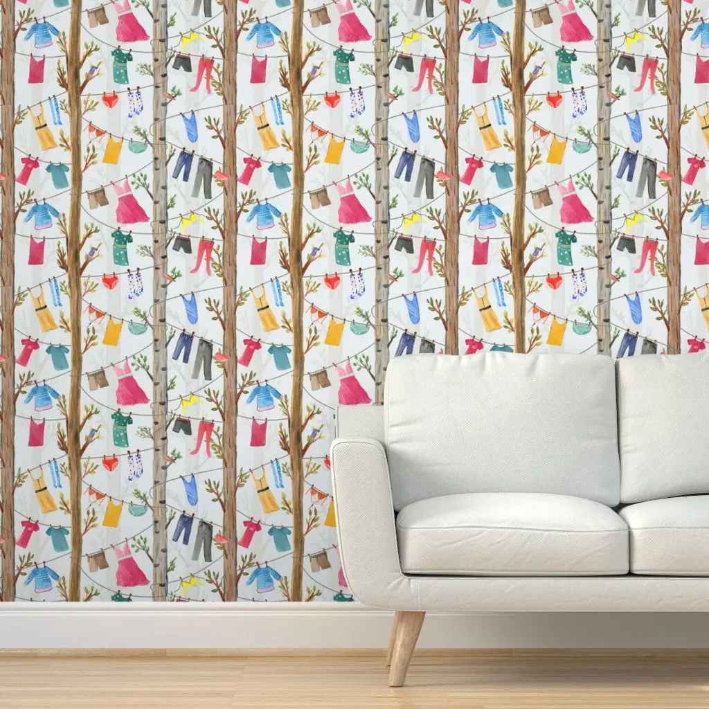 Clothesline Conversational Peel and Stick Wallpaper - White product