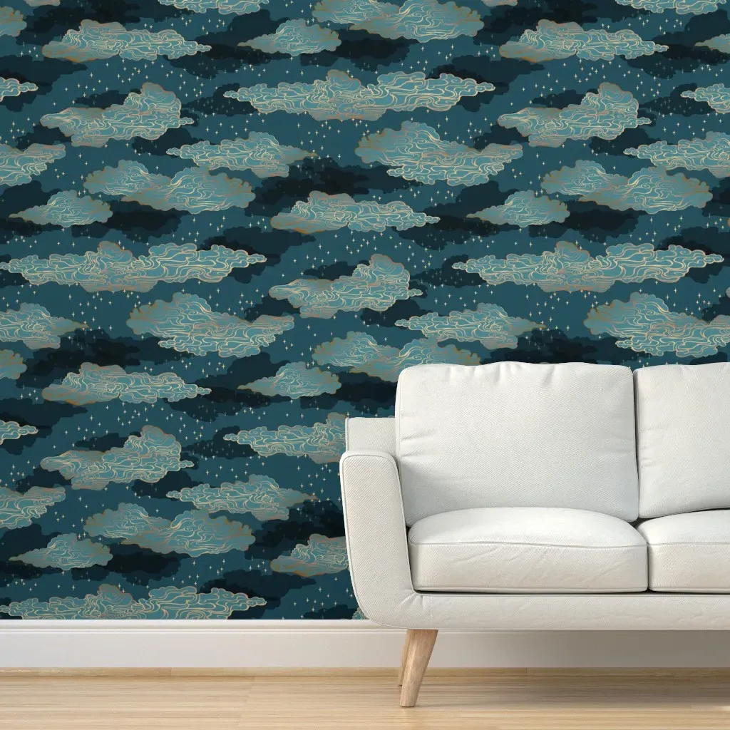 Clouds and Stars Peel and Stick Wallpaper - Blue, Gold product