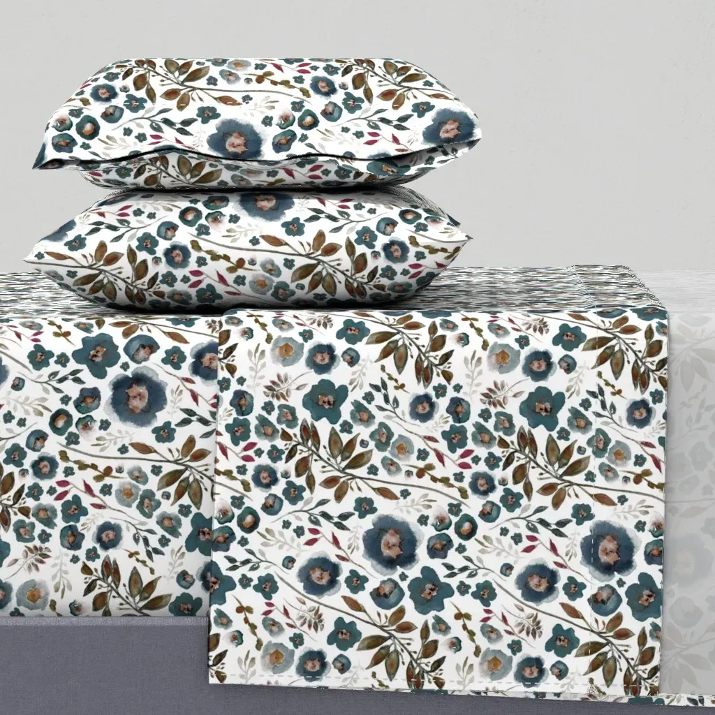 Clusters of Flowers and Leaves Queen Sheet Set - Teal product