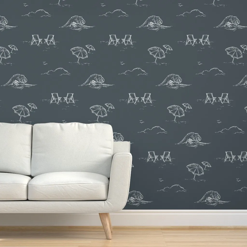 Coastal Beach Wave Peel and Stick Wallpaper - Navy Blue & White product