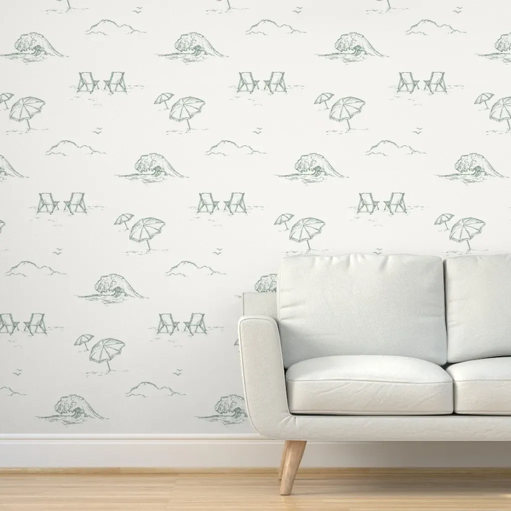 Coastal Beach Wave Toile De Jouy Peel and Stick Wallpaper - Sage Green product