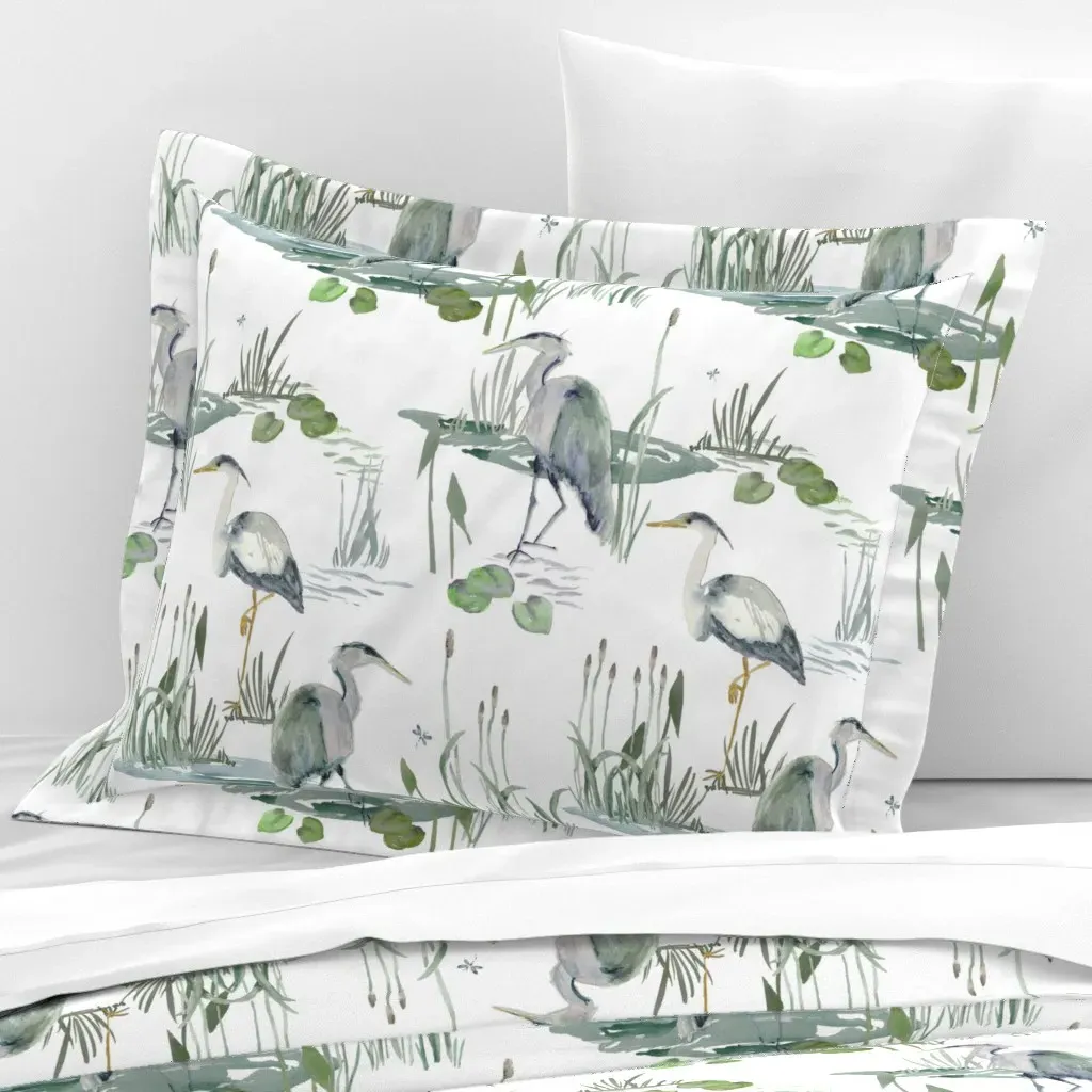 Coastal Blue Herons Standard Flanged Pillow Sham - Grey, Cotton Sateen product
