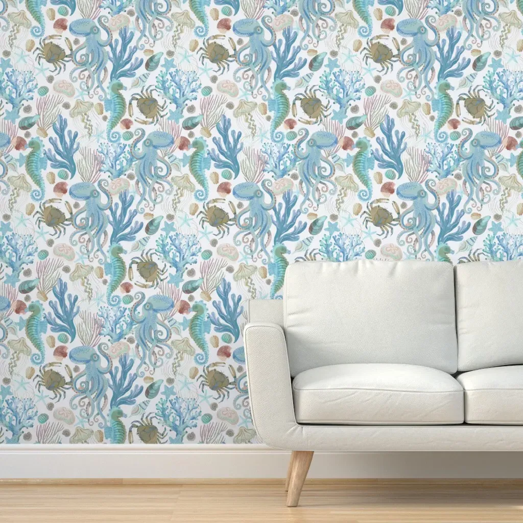 Coastal Cabin Sea Creatures Peel and Stick Wallpaper - Aqua product