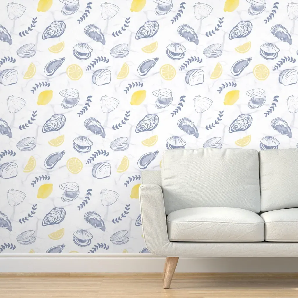 Coastal Clams Oysters Lemons Peel and Stick Wallpaper - Light Blue product