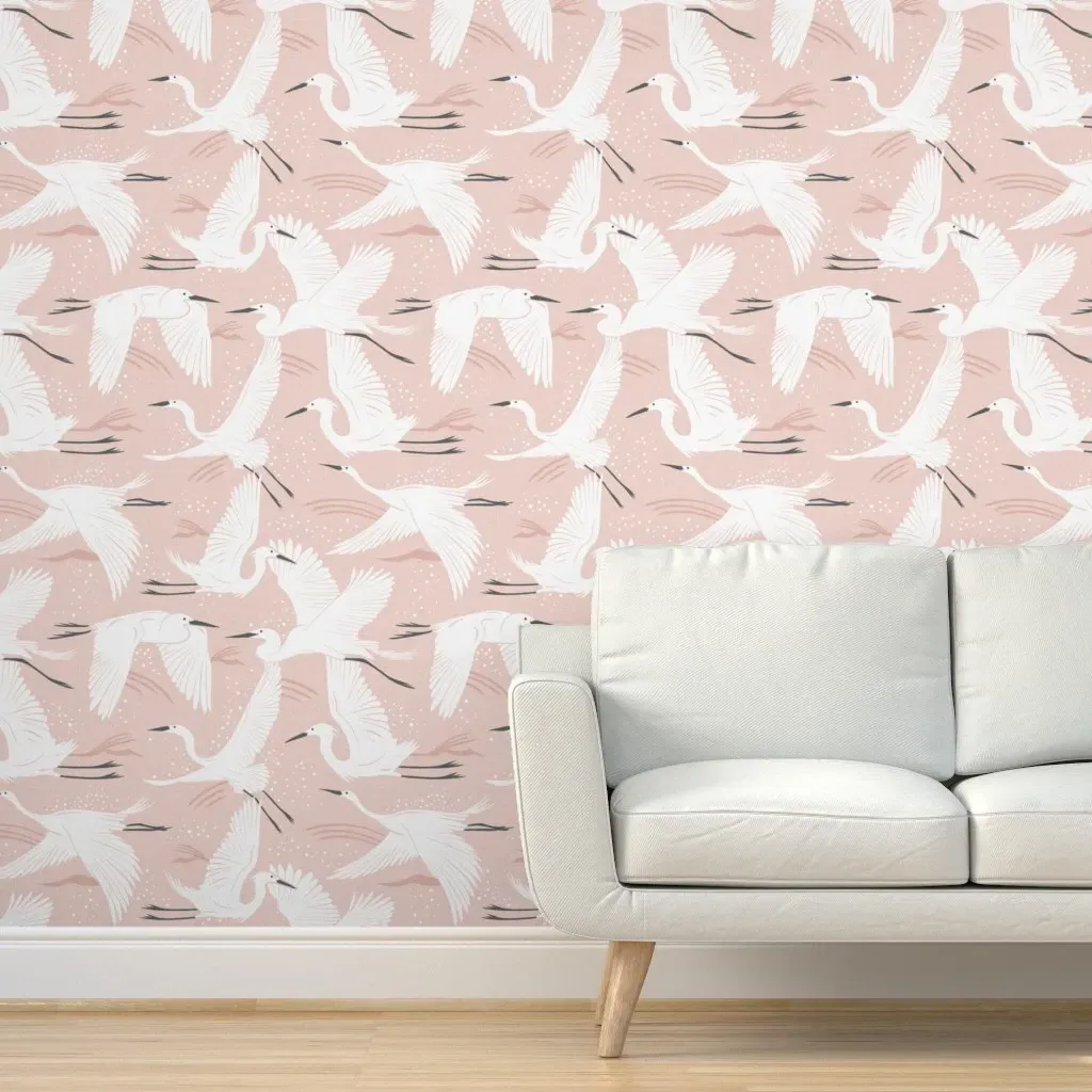 Coastal Herons Japandi Cranes Peel and Stick Wallpaper - Dusty Blush product