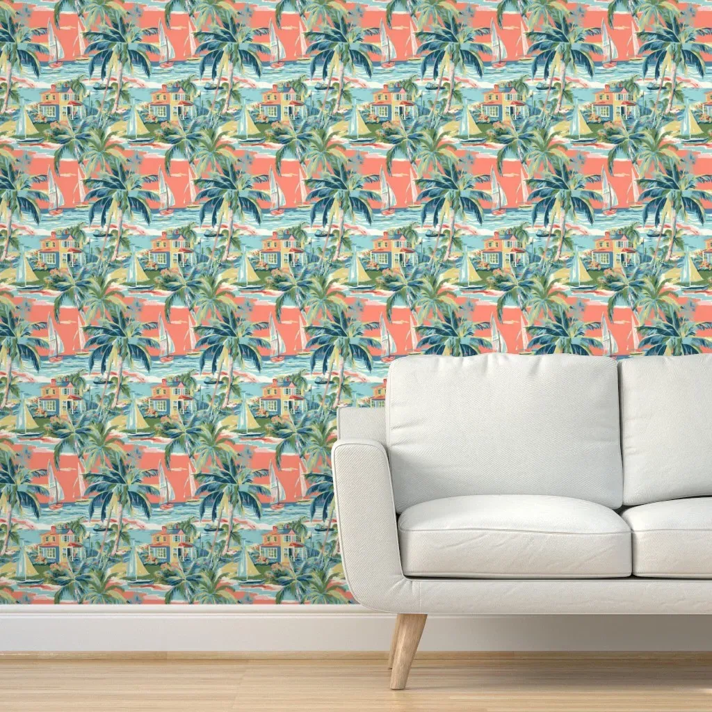 Coastal Town Toile Peel and Stick Wallpaper - Coral product