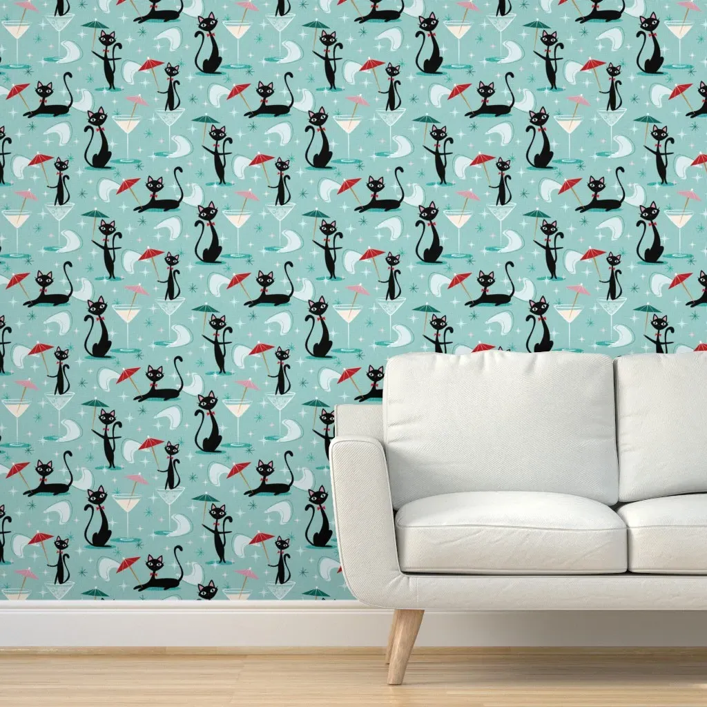 Cocktail Umbrella Cats Peel and Stick Wallpaper - Blue, Black, Teal product