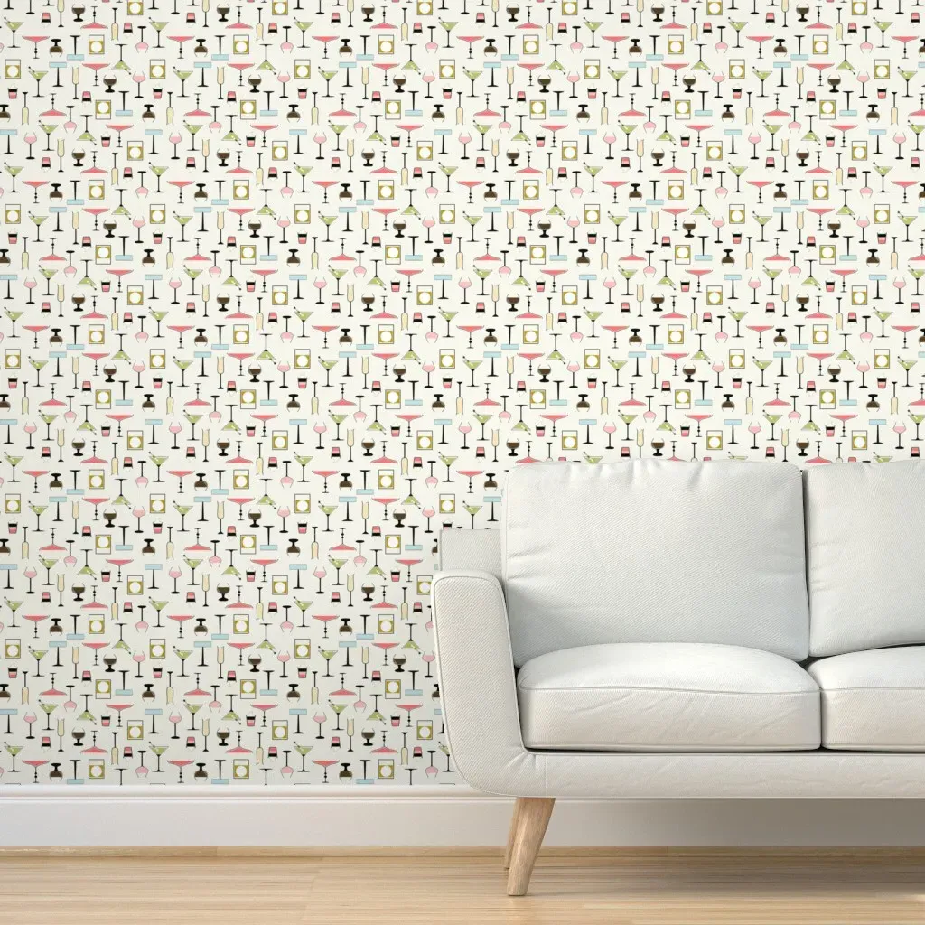 Cocktails Retro Drinkware Peel and Stick Wallpaper - Black, Cream product