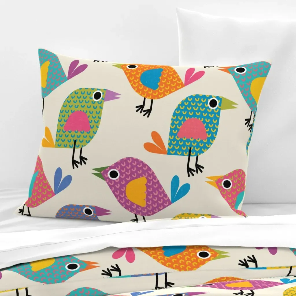 Colorful Birds on Cream Standard Knife Edge Pillow - Orange, Cotton Sateen product
