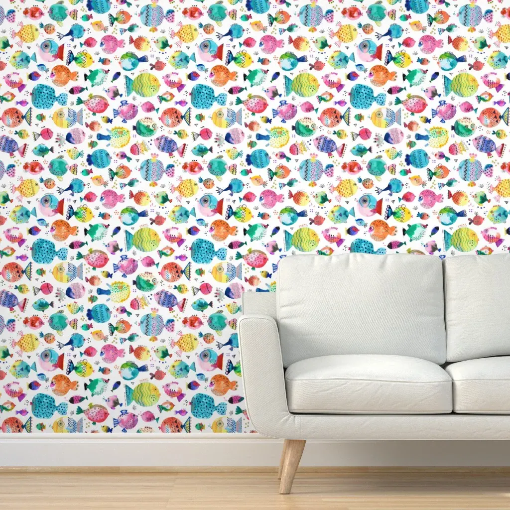 Colorful Fish Nautical Pufferfish Peel and Stick Wallpaper - Teal product