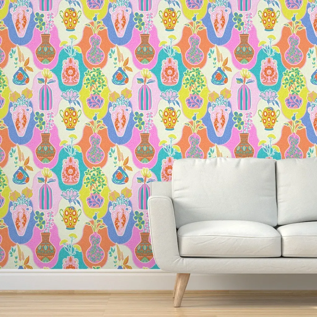 Colorful Kitschy Floral Vases Peel and Stick Wallpaper - Yellow product