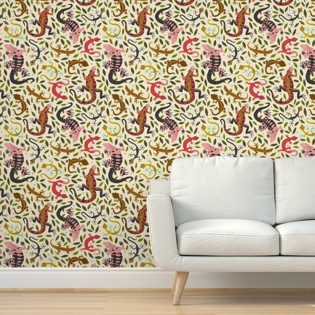 Colorful Lizards Among Leaves Peel and Stick Wallpaper - Vanilla White product