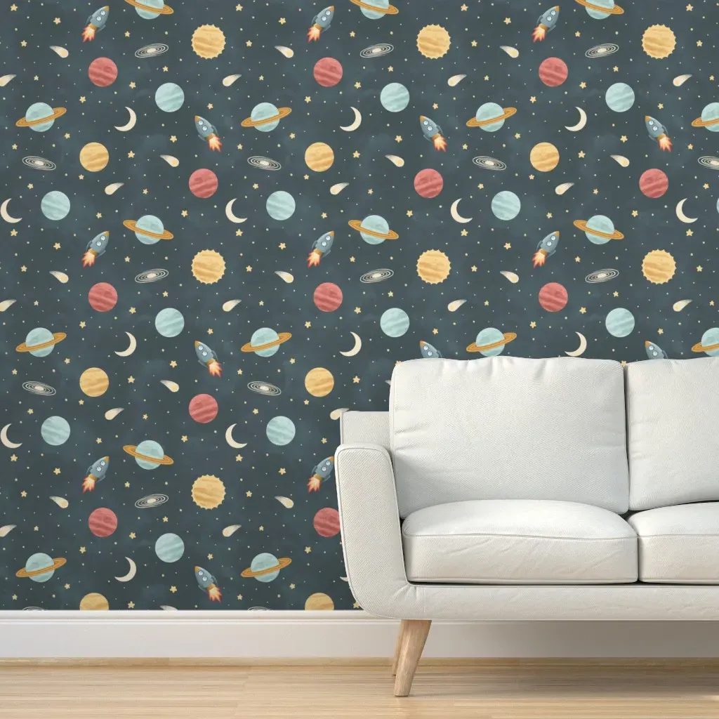 Colorful Planets Space Trip Peel and Stick Wallpaper - Dark Teal product