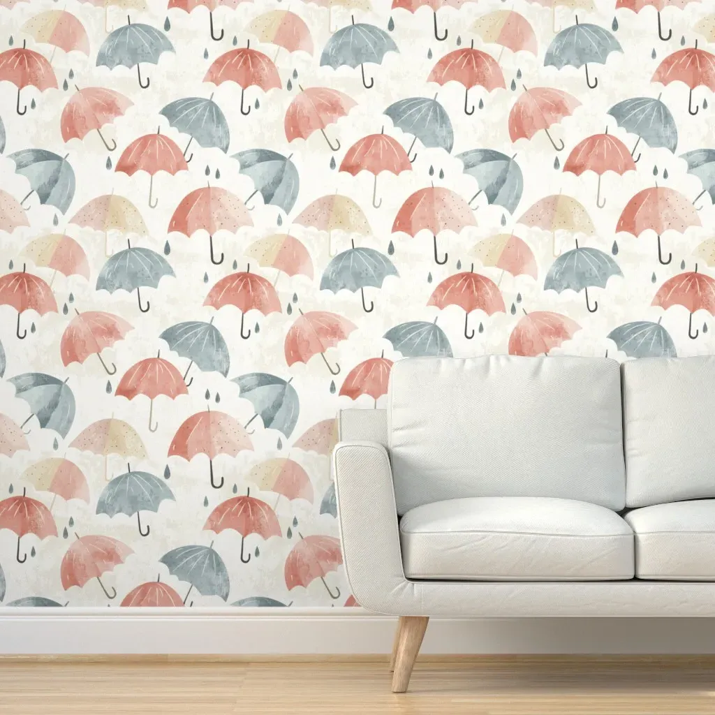 Colorful Umbrella Watercolor Peel and Stick Wallpaper - Dusty Rose product