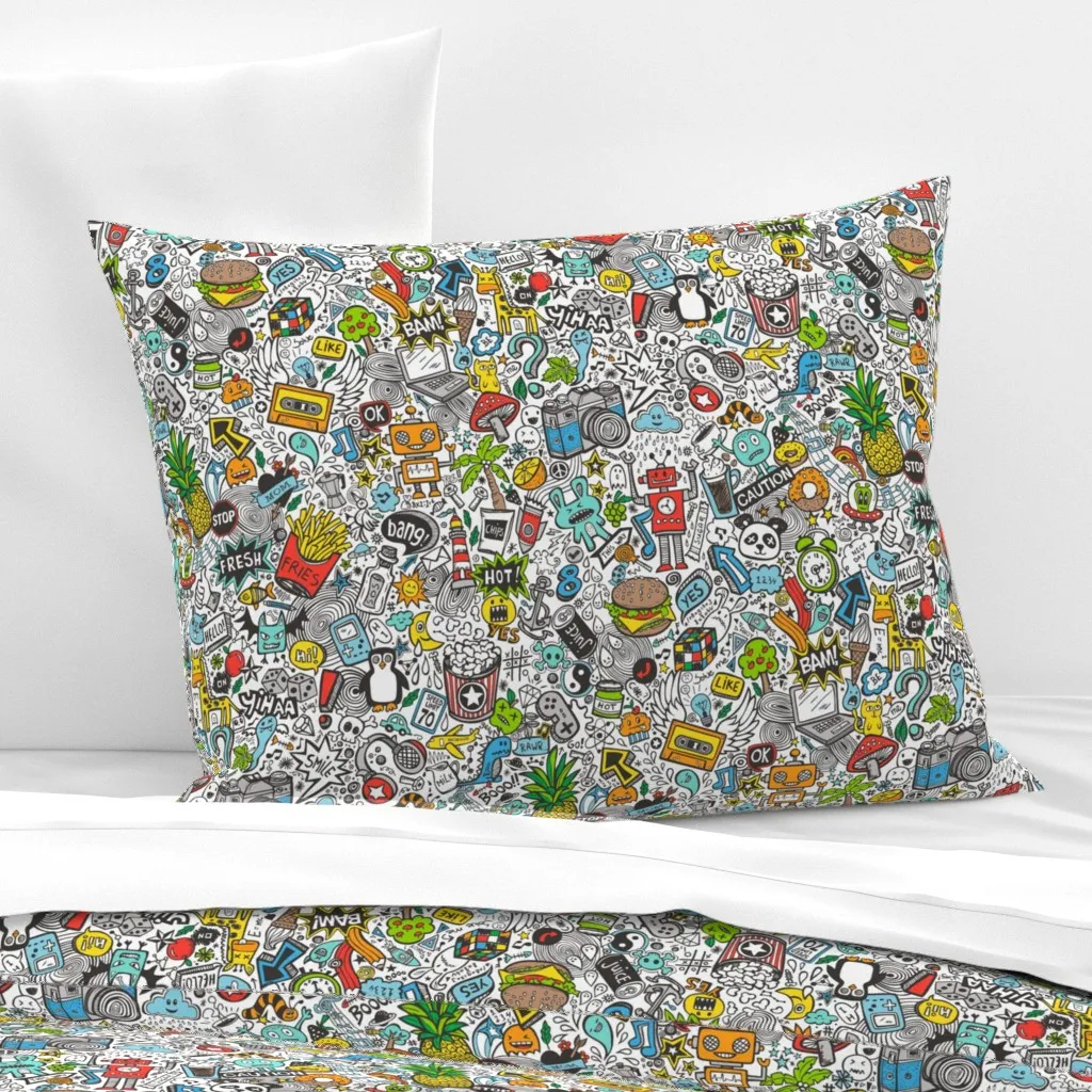 Comic Pop Art Doodle Standard Cushion Cover - Black, Cotton Sateen product