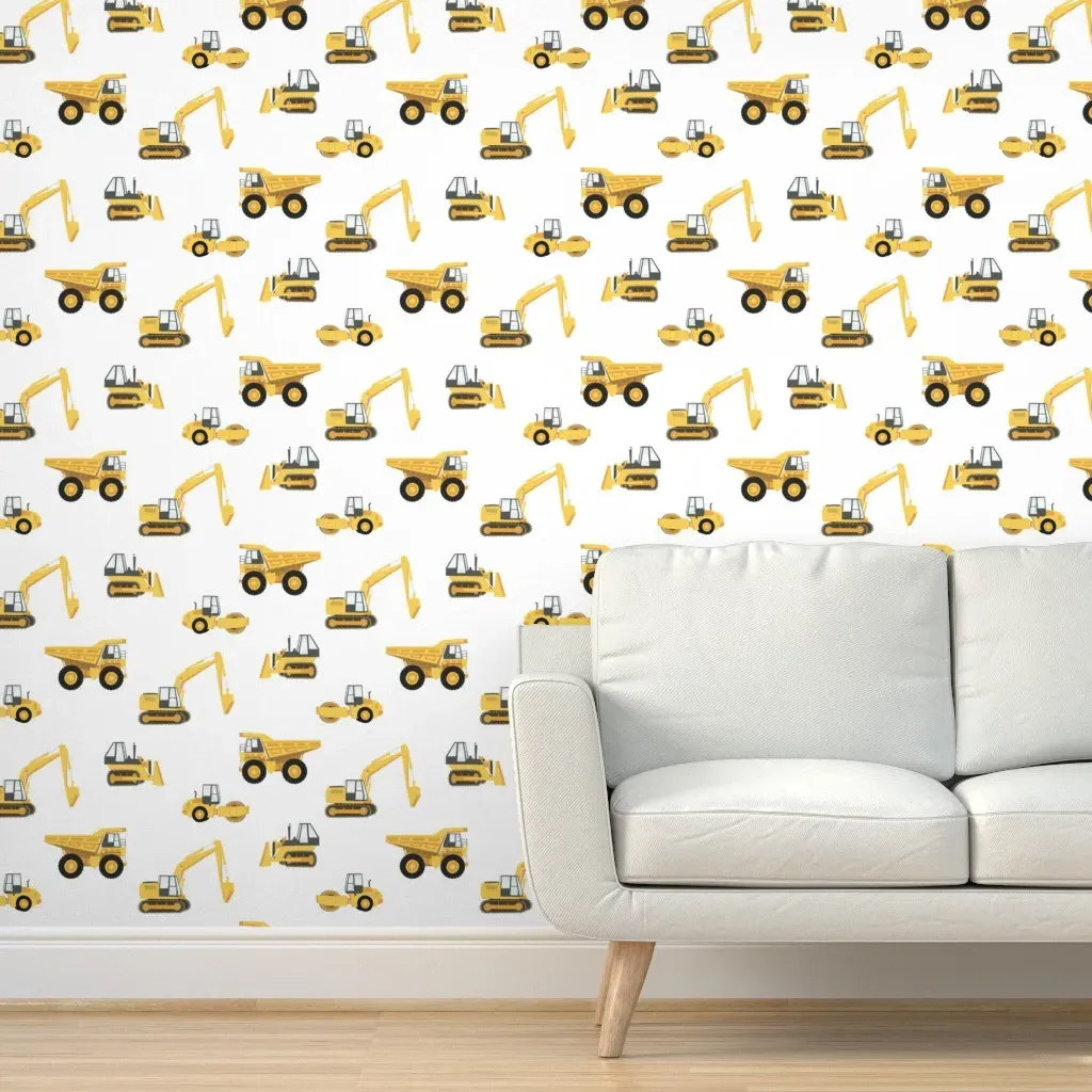 Construction Trucks Peel and Stick Wallpaper - Yellow, White product