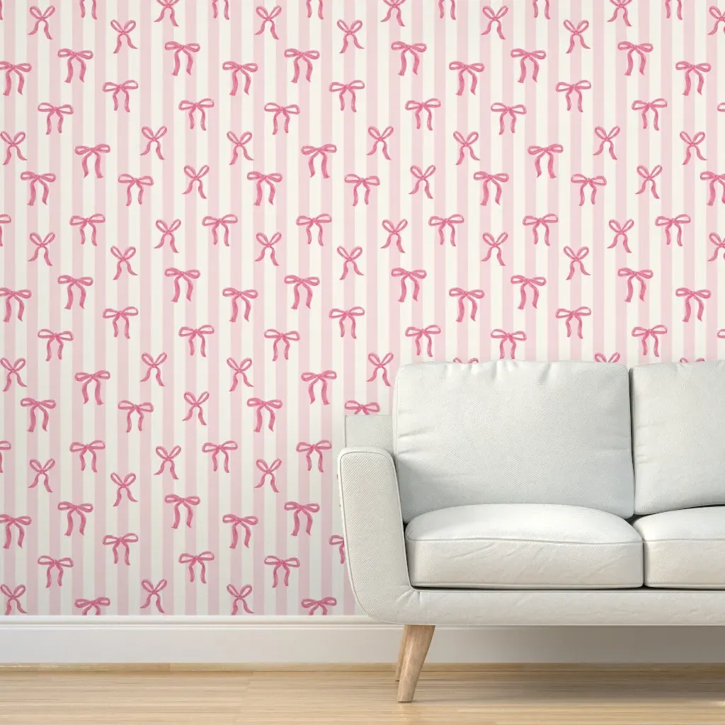 Coquette Pink Bows Stripe Peel and Stick Wallpaper - Pink, White product