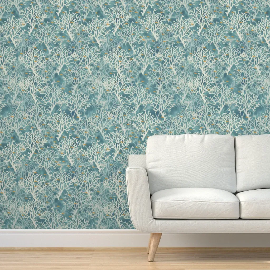 Coral and Orange Fish Caribbean Ocean Peel and Stick Wallpaper - Blue, Teal product
