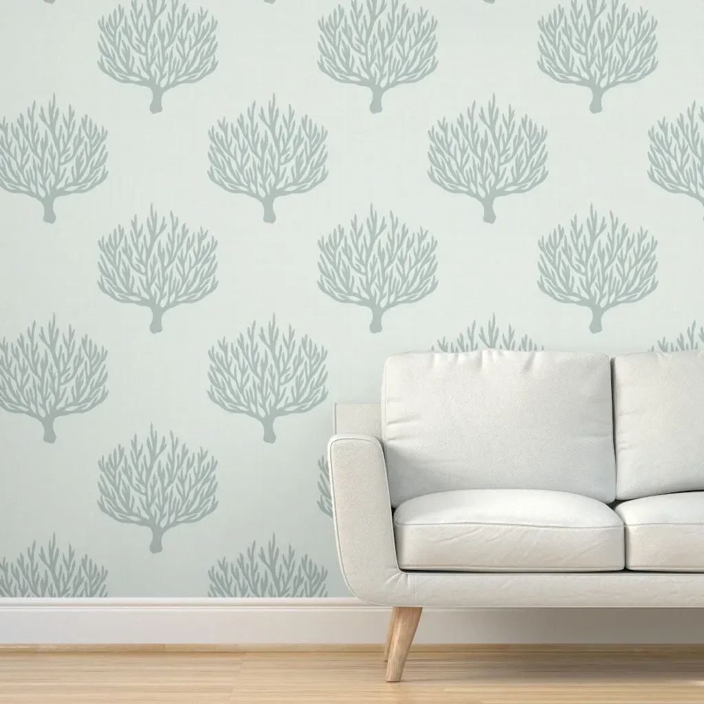 Coral Minimalist Block Print Coastal Silhouette Peel and Stick Wallpaper - Gray, Faux Linen product