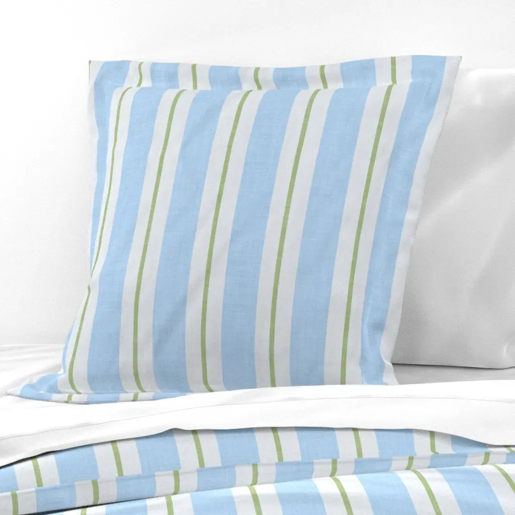 Cornflower Blue Sage Green Coastal Stripe Euro Pillow Sham - Blue, Linen product