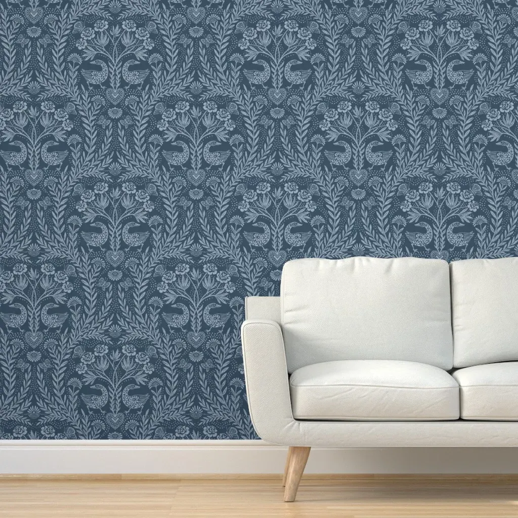 Cottage Garden Damask Geese Peel and Stick Wallpaper - Indigo Blue product