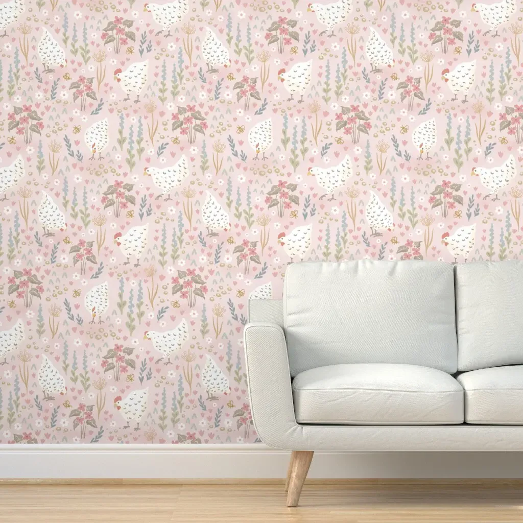 Cottage Garden Hens Peel and Stick Wallpaper - Pink product