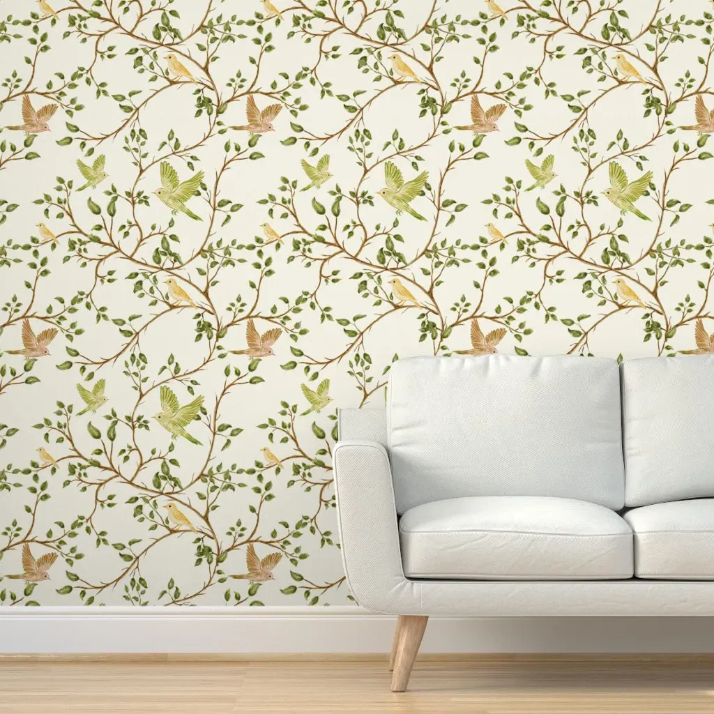 Cottagecore Whimsical Birds On Vines Peel and Stick Wallpaper - Green product
