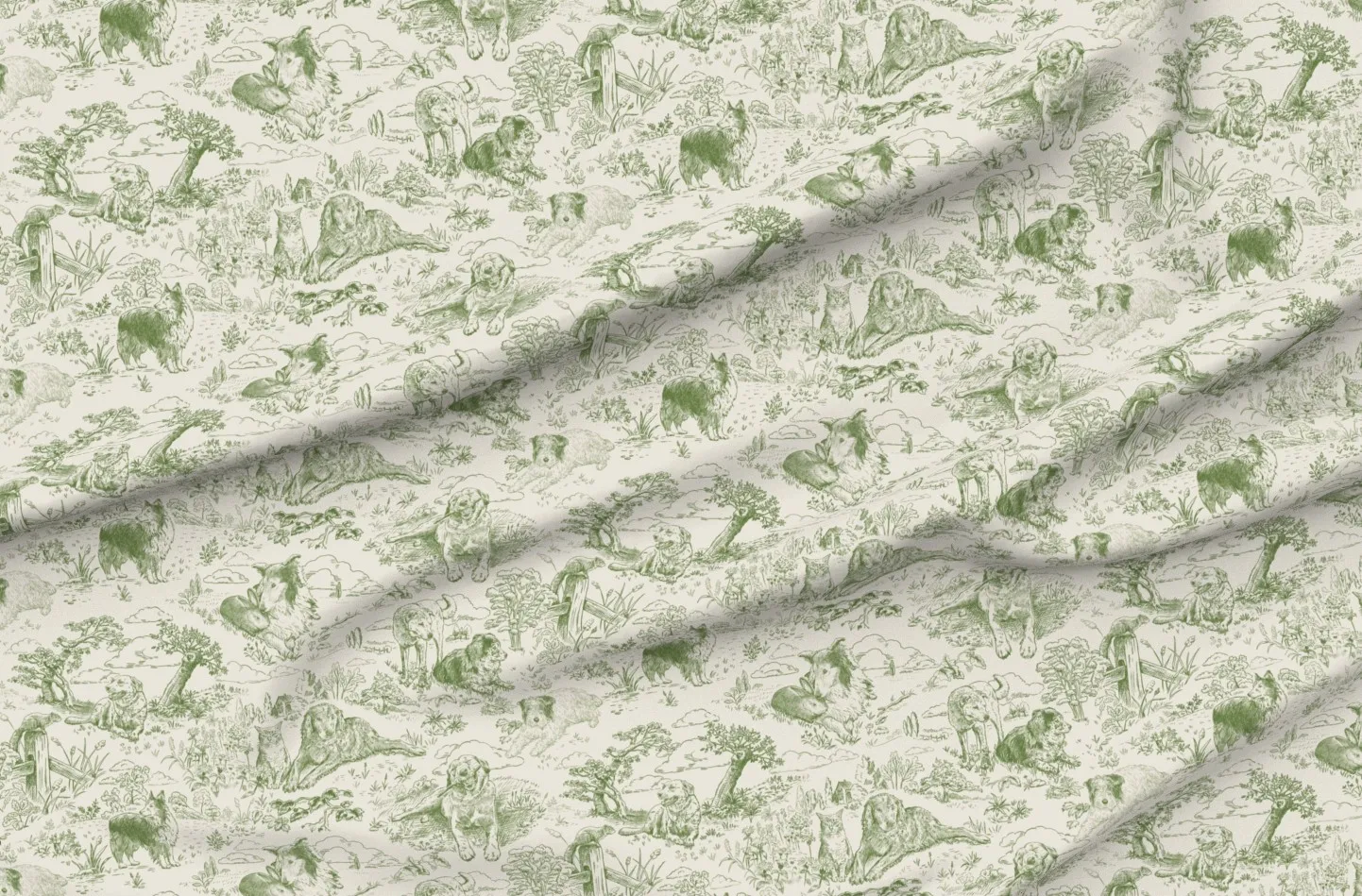 Country Dogs Toile Pique Fabric Yardage - Sage Green product