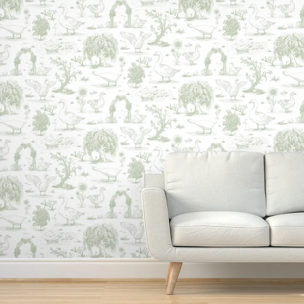 Country Goose Toile De Jouy Peel and Stick Wallpaper - Sage Green product