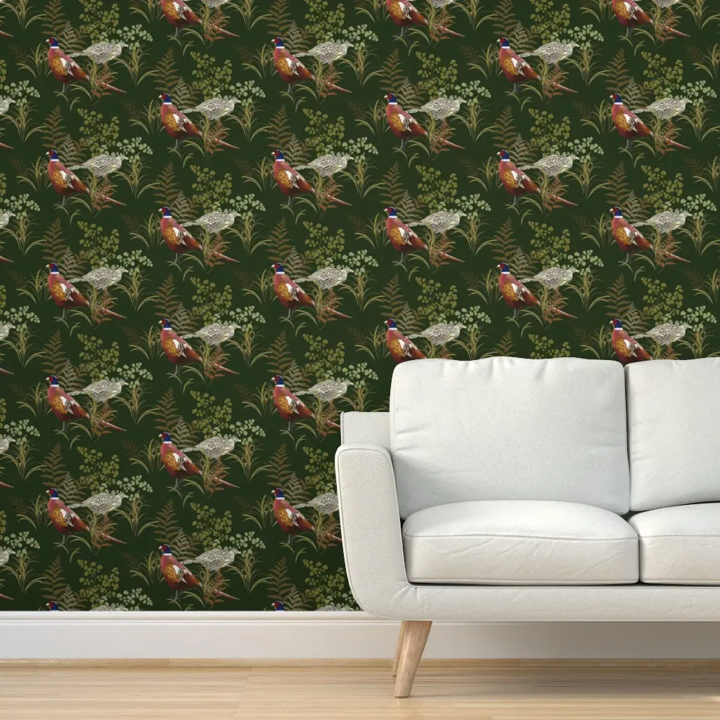 Country Pheasant Large Scale Peel and Stick Wallpaper - Deep Khaki Green product
