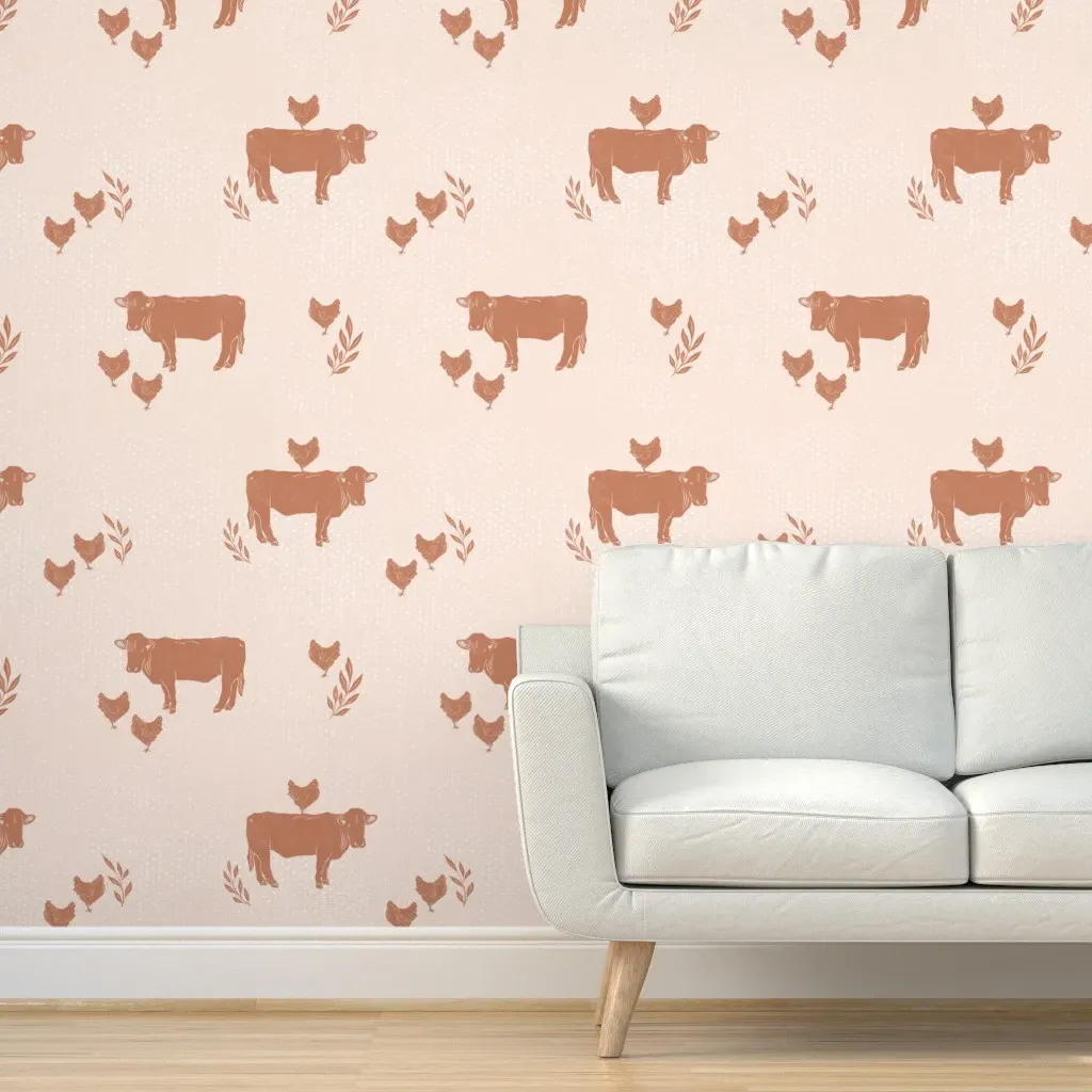 Cow and Chicken Besties Peel and Stick Wallpaper - Terracotta product