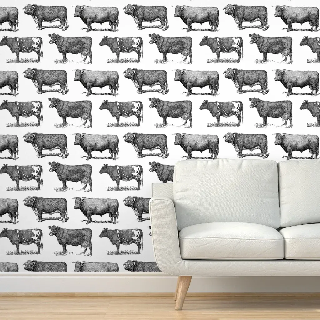 Cow Illustrations Peel and Stick Wallpaper - Black & White product