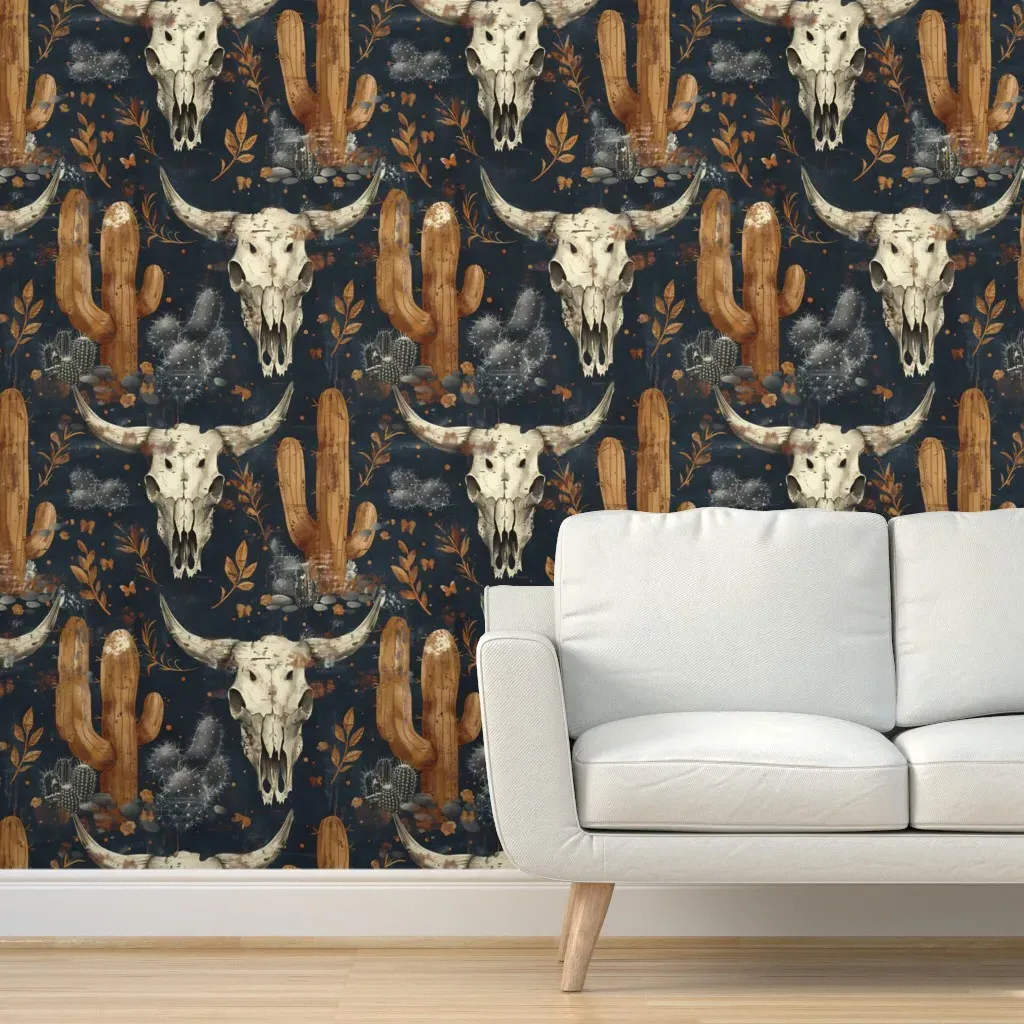 Cow Skull Cactus Peel and Stick Wallpaper - Warm Brown product