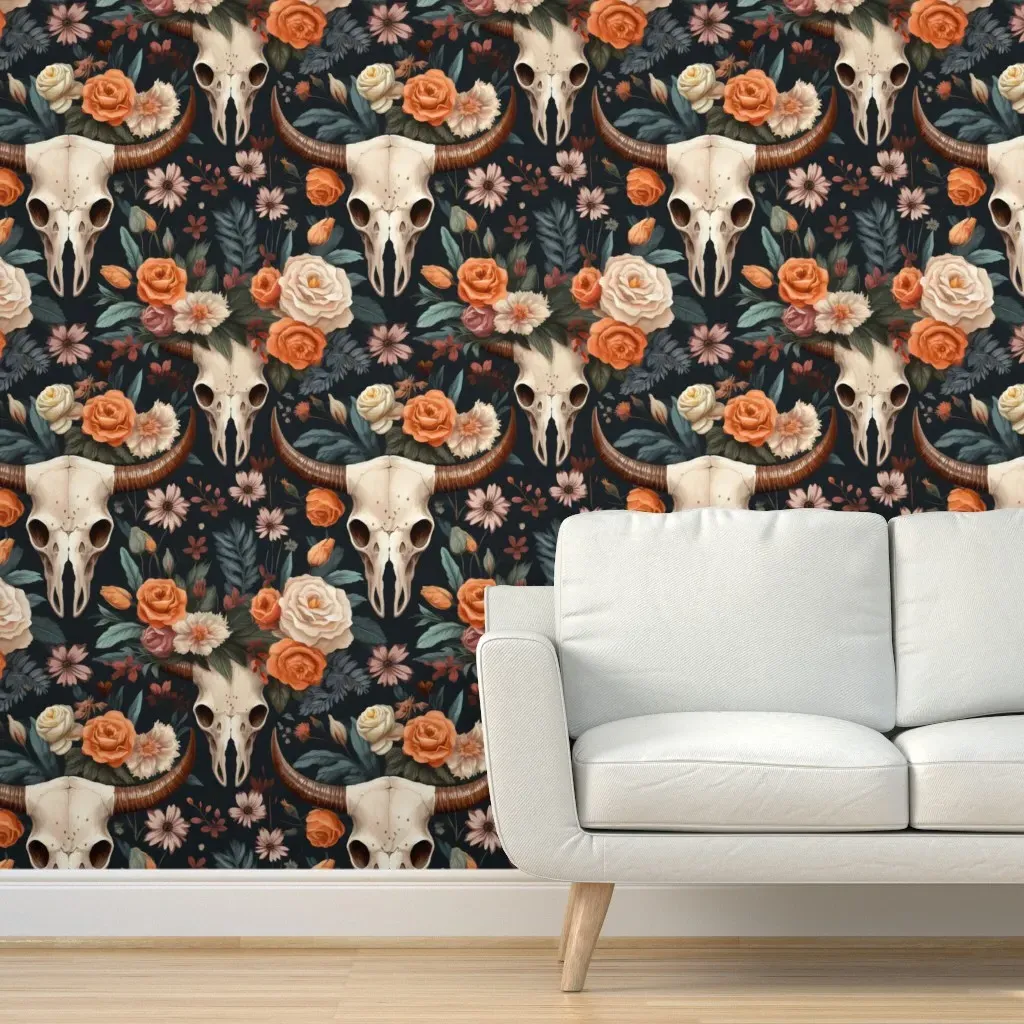 Cow Skull Large Floral Peel and Stick Wallpaper - Burnt Orange product