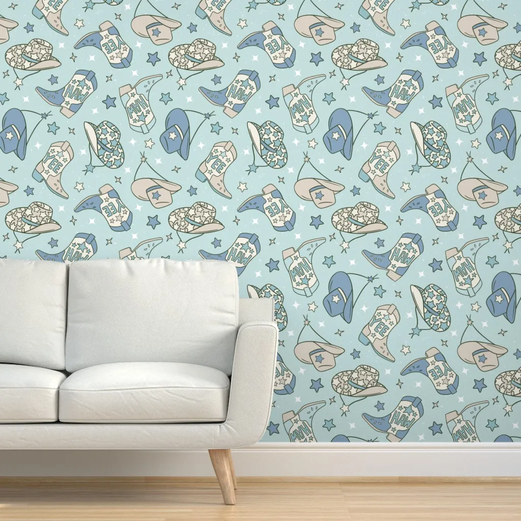 Cowboy Boots and Hats Peel and Stick Wallpaper - Light Blue product