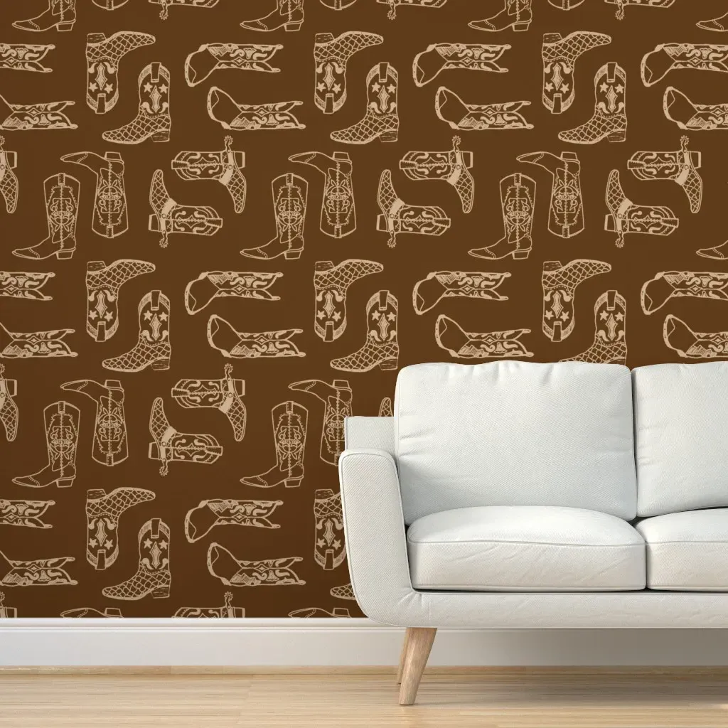 Cowboy Boots Line Drawing Peel and Stick Wallpaper - Beige product