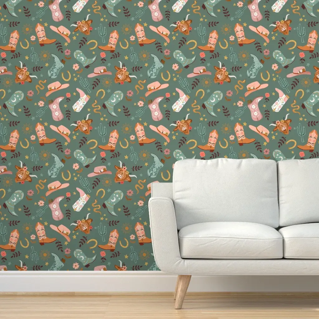 Cowboy Boots Peel and Stick Wallpaper - Dusty Teal product