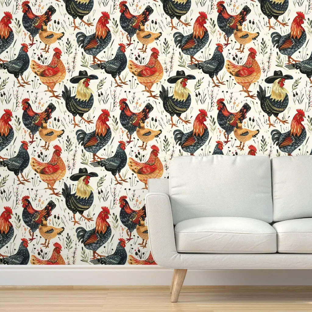Cowboy Roosters and Hens Peel and Stick Wallpaper - Dark Red product