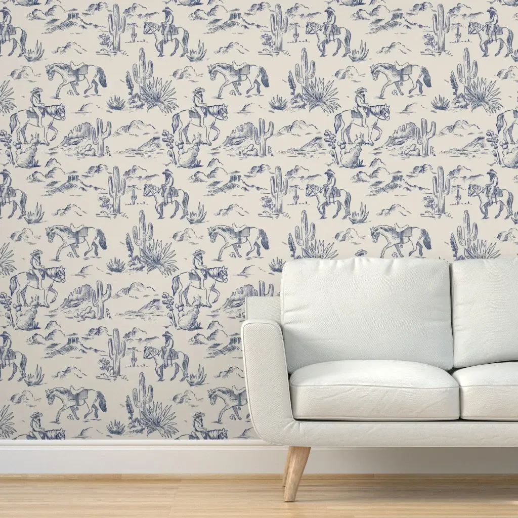 Cowboy Toile De Jouy Western Landscape Peel and Stick Wallpaper - Blue product