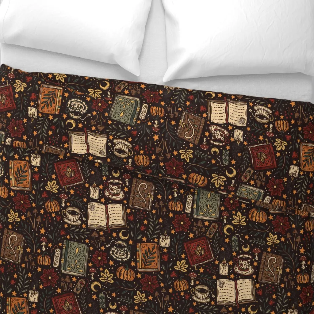 Cozy Autumn Whimsical Witch's Duvet Cover - Dark Brown alternate view