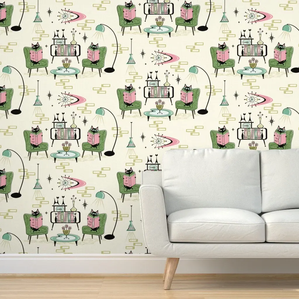 Cozy Cats Den Large Scale Peel and Stick Wallpaper - Pink, Green, Aqua product