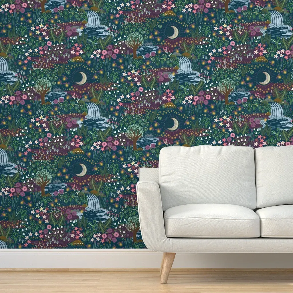 Cozy Dreams Fireflies Magic Meadow Moon Flowers Peel and Stick Wallpaper - Blue, Green product